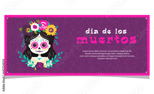 Postcard banner greeting Mexican day of the dead holiday with illustration of a dead skeleton girl with flowers on her head in pink and purple shades. Festive flyer with text.