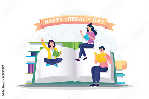 Literacy day concept with people scene in the flat cartoon style. Students read different books and share their impressions. Vector illustration.