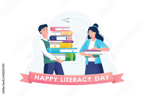 Literacy day concept with people scene in the flat cartoon style. The student brought the teacher all the books he wants to share with others. Vector illustration.