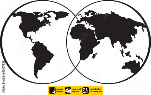  Worldmap vinyl ready vintage design drawing of the two hemispheres of the world map of planet earth created for vinyl cutting or cnc plasma. Wall sticker. Black and white silhouette.
