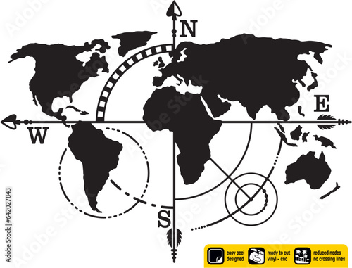 Worldmap vinyl ready vintage design artistic tribal tattoo drawing of world map with lines and compass rose created for vinyl cutting or cnc plasma. Wall sticker. Black and white silhouette