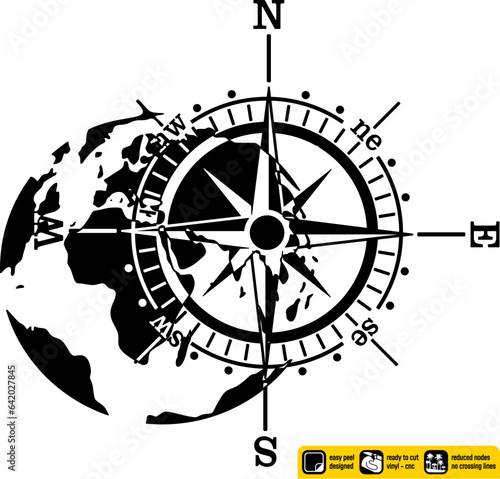 Worldmap vinyl ready vintage design map of the compass rose containing a world map created for vinyl cutting or cnc plasma. Wall sticker. Black and white silhouette