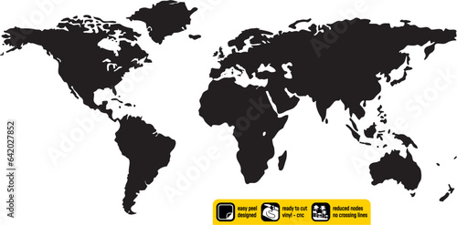 Worldmap vinyl ready vintage design artistic simplified drawing of a minimalist world map created for vinyl cutting or cnc plasma. Wall sticker. Black and white silhouette