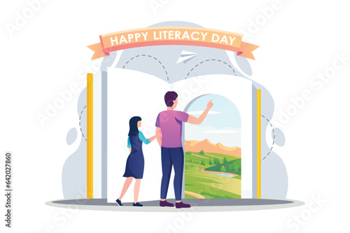 Concept Literacy day with people scene in the flat cartoon style. The teacher introduces the student to the magical world of books. Vector illustration.