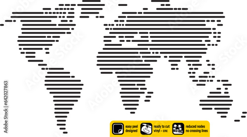 Worldmap vinyl ready vintage design artistic map of the world made with horizontal lines created for vinyl cutting or cnc plasma. Wall sticker. Black and white silhouette