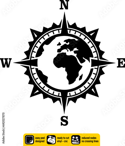  Worldmap vinyl ready vintage design map of the compass rose containing a world map created for vinyl cutting or cnc plasma. Wall sticker. Black and white silhouette.
