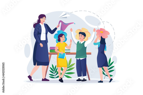 Teachers day concept with people scene in the flat cartoon design. The teacher arranged fun contests and games for the students in honor of the holiday. Vector illustration.