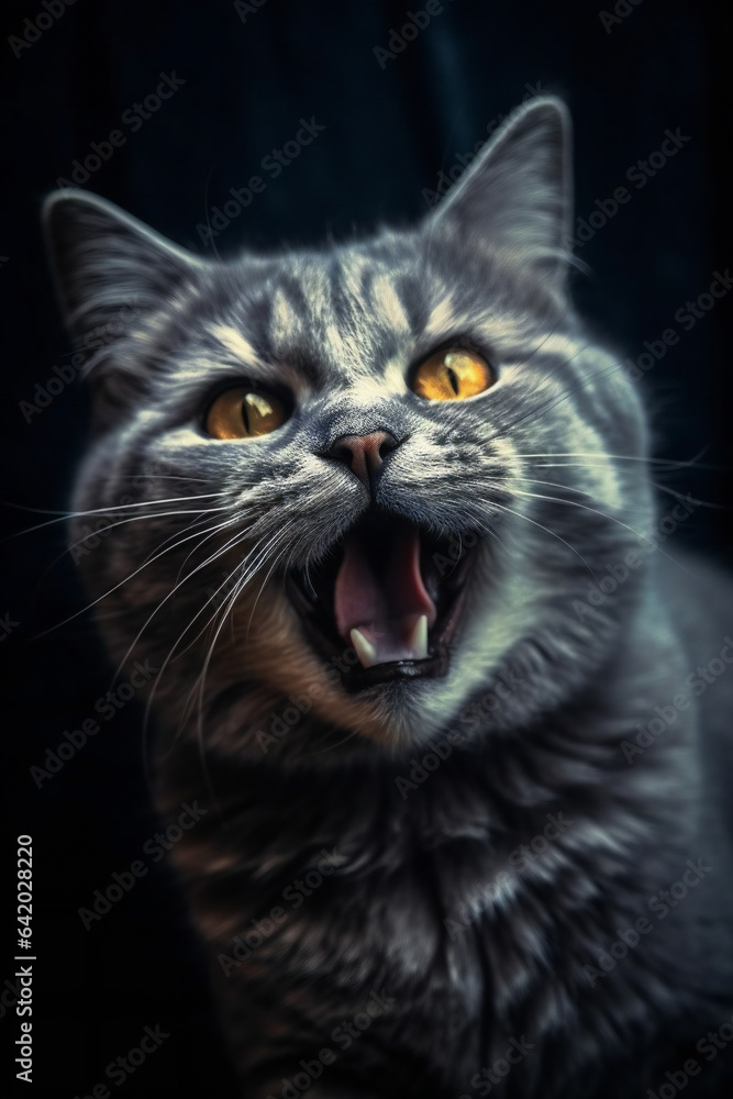 Feline Fury: Intense Emotion Captured in Close-up Cat Portrait on Black Background.