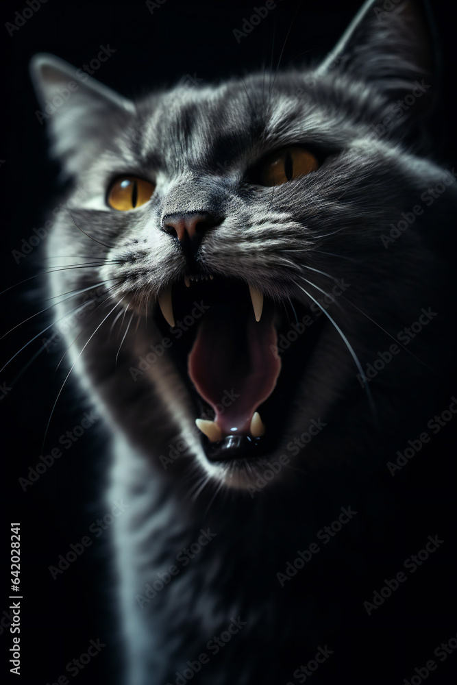 Feline Yawning with Open Mouth on Black Background.