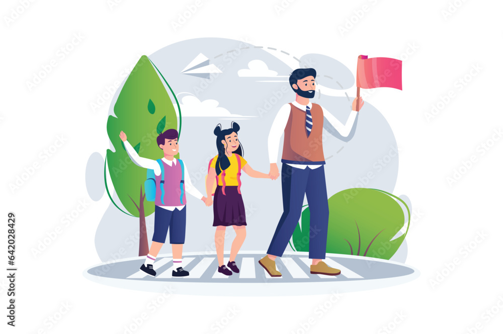 Crossing the road with a teacher concept with scene in the flat cartoon style. The teacher crosses the road with a students, and therefore holds a red flag in his hands. Vector illustration. Crossing the road with a teacher concept with scene in the flat cartoon style. The teacher crosses the road with a students, and therefore holds a red flag in his hands. Vector illustration.