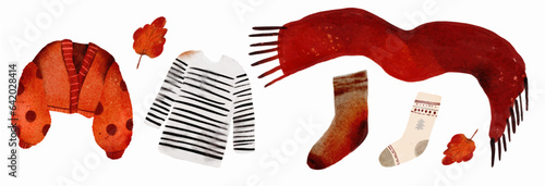 Autumn watercolor clothes and accessorizes set, Vector. Warm autumn and winter outfit collection.