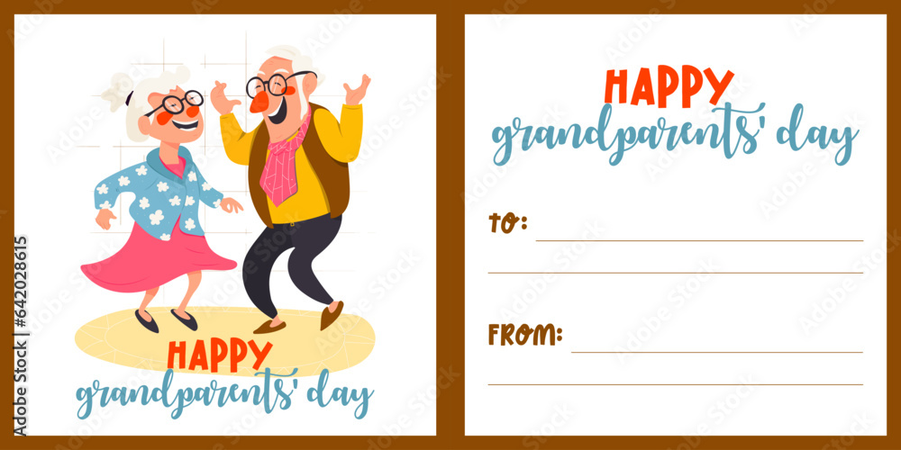 Illustration of grandparents day greeting card with cartoon style. Illustration of greeting card with text showing happy pensioners dancing for congratulations