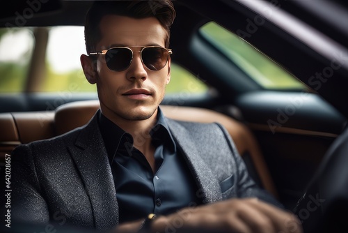 attractive businessman wearing sunglasses sitting in car