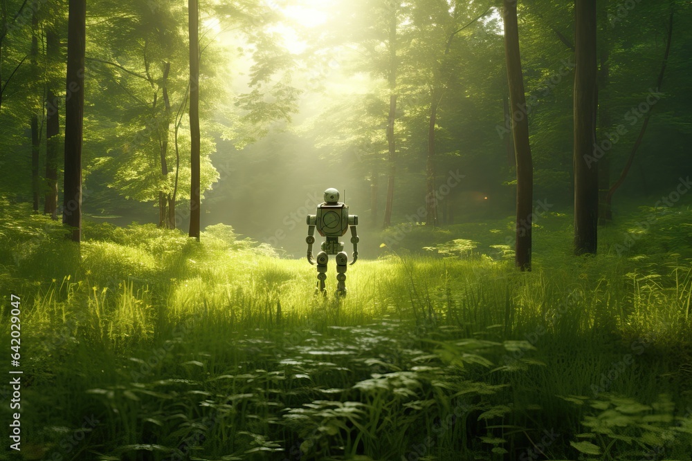 Fototapeta premium Metal Humanoid Robot Walking Through Green Forest