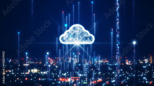 Cloud and edge computing technology data transfer concept. Dark and blurry night cityscape It has a large cloud icon in the middle. Particles float on a dark blue background.