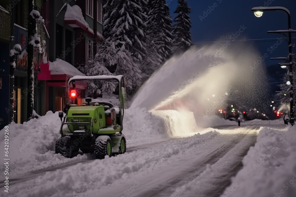 Night Winter Street - Snow Removal Equipment in Action - obrazy, fototapety, plakaty 