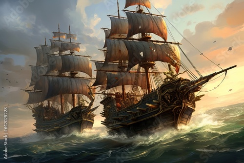 Ancient Sailing Ships on Stormy Sea - Sunset Illustration