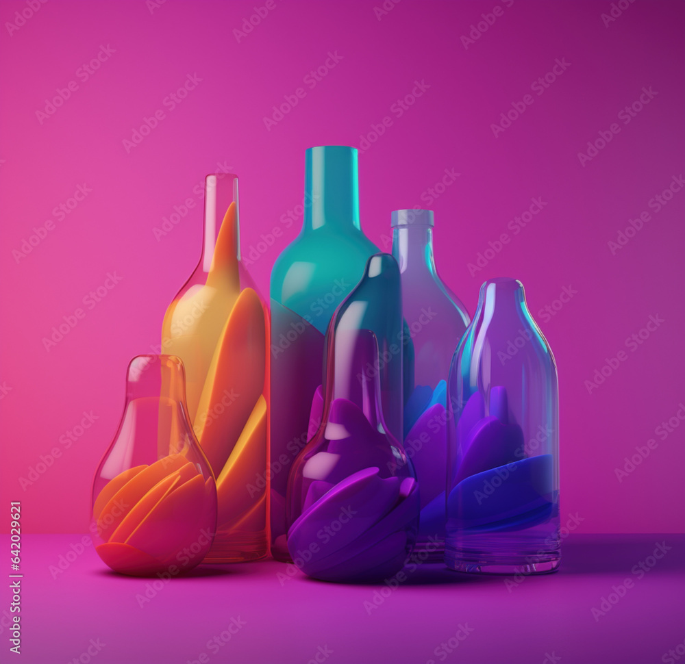 artystyczne szklane abstrakcyjne kolorowe przeźroczyste butelki na jednolitym tle - artistic abstract glass coloured transparent bottles on a solid background - AI Generated - obrazy, fototapety, plakaty 
