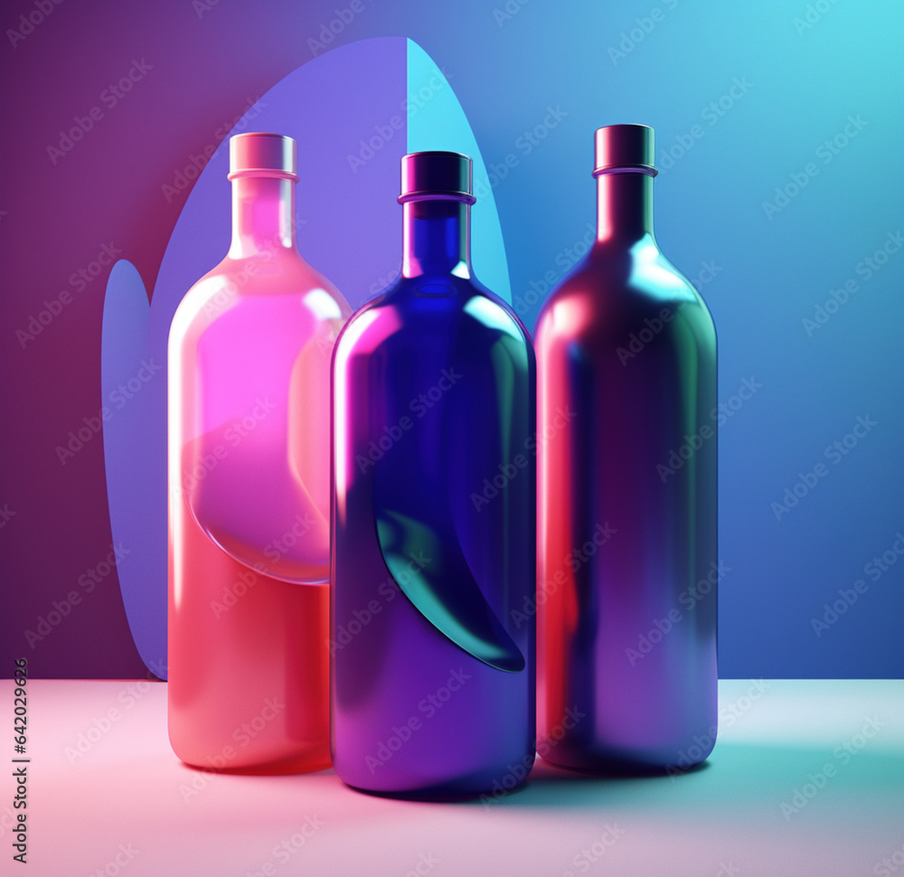 szklane butelki kolorowe wysokie kolorowe abstrakcyjne z płynem - high glass bottles coloured abstract with liquid - AI Generated - obrazy, fototapety, plakaty 