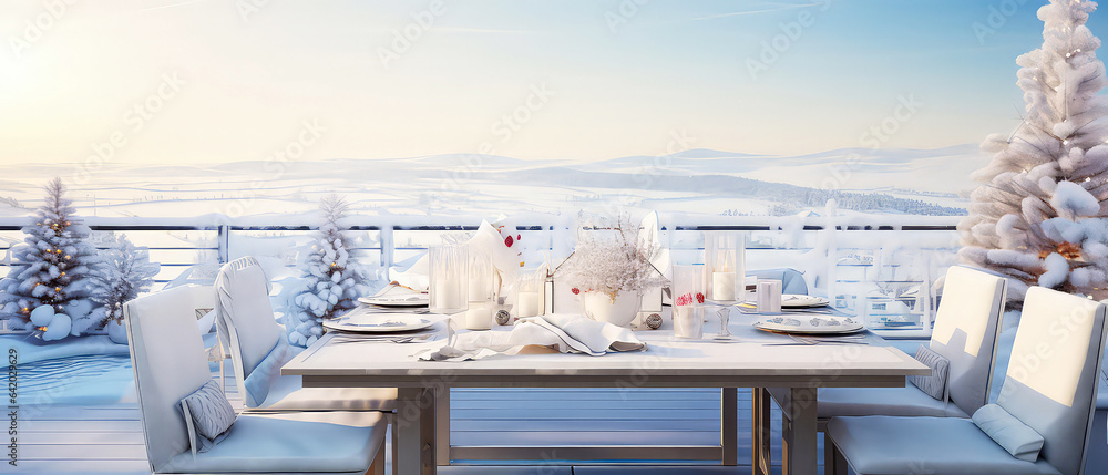 Obraz premium Winter frozen morning on the patio, backyard with snowy trees, furniture, candles, lamp garland.served dinner table. Christmas, New Years holidays. Outdoors vacation. Exterior Design.Generative ai