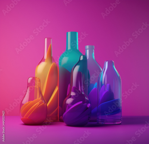 artystyczne szklane abstrakcyjne kolorowe przeźroczyste butelki na jednolitym tle - artistic abstract glass coloured transparent bottles on a solid background - AI Generated