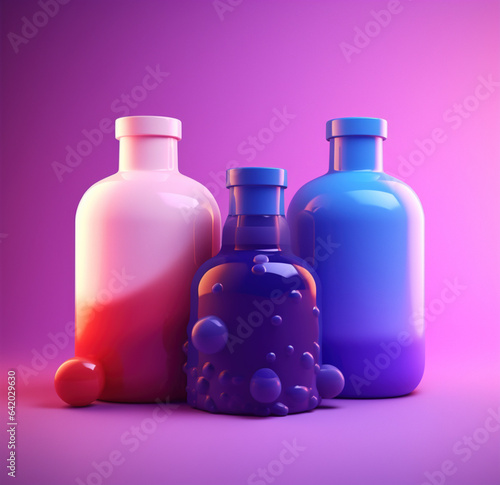szklane butelki alchemiczne apteczne z abstrakcyjnymi kroplami różowe niebieskie na fioletowym tle - alchemical glass bottles with abstract drops pink blue on purple background - AI Generated