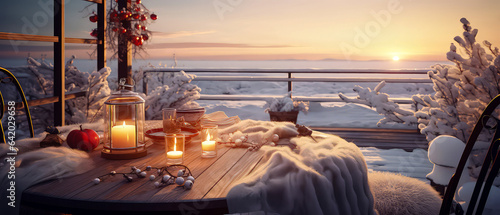 Cozy romantic composition with served dinner table,backyard furniture, candles, lantern, garland. Evening winter patio. Christmas, New Years holidays. Outdoors vacation. Exterior Design.Generative ai