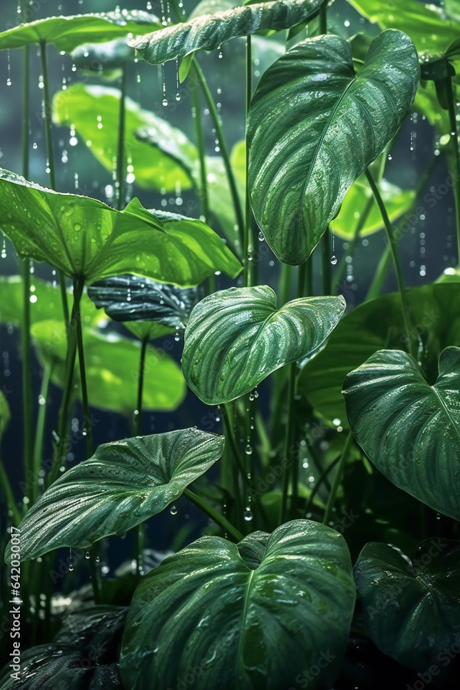 Obraz premium Close-up of Wet Leaf with Water Droplet in Lush Rainforest.
