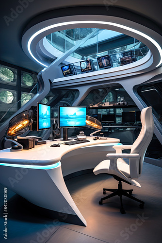 A futuristic office that looks like it came out of a science fiction movie