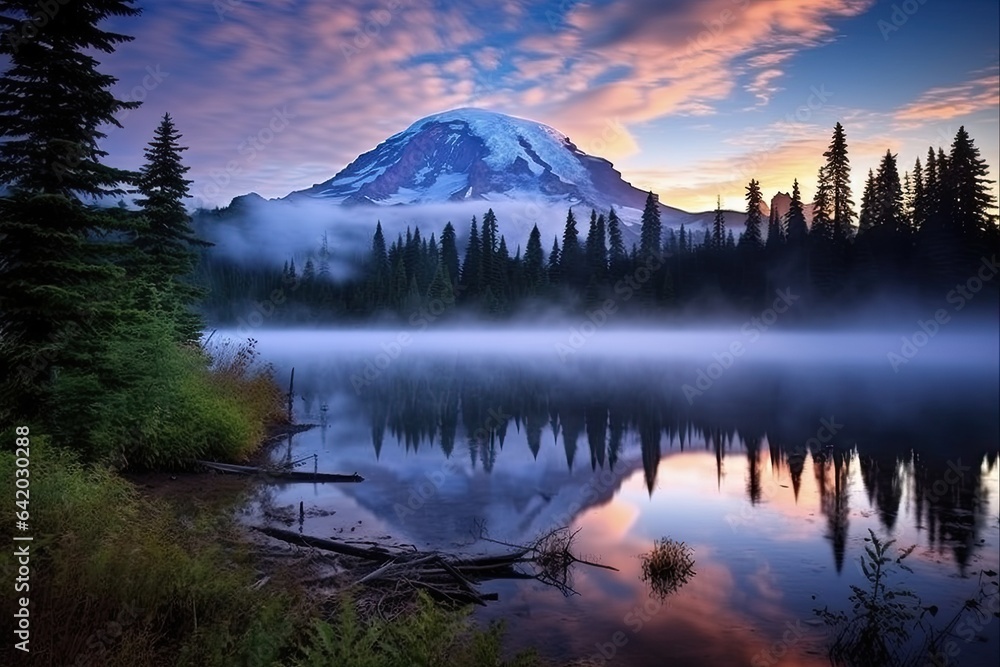 Beautiful Mt Rainier Reflections in Calm Blue Waters at Dawn with Colourful Forest and Cloud Background