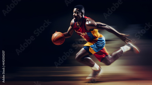 Basketball player running in action, motion blur background