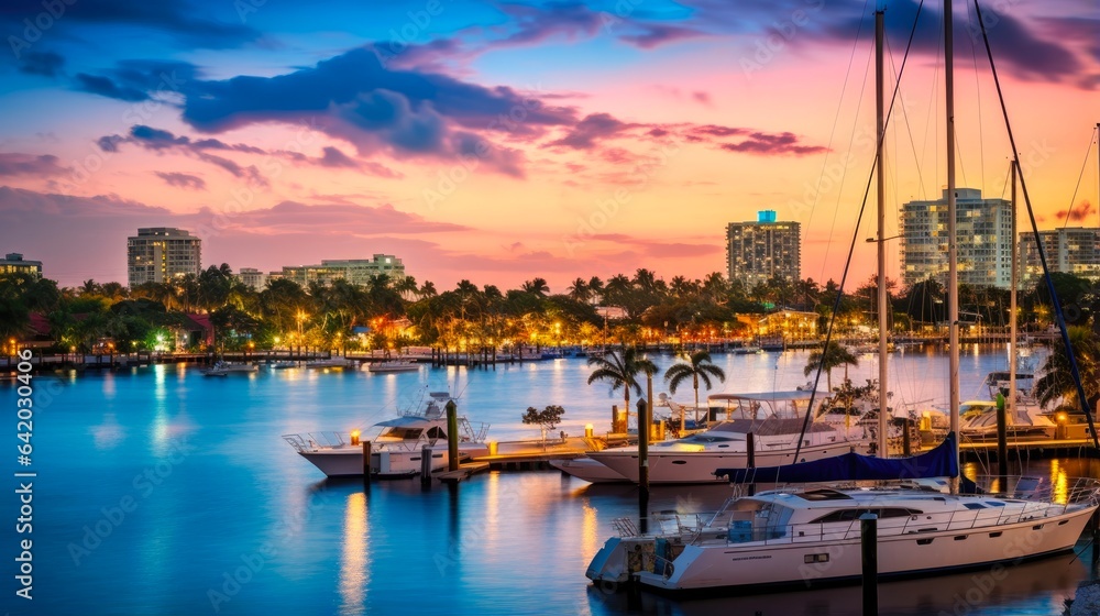 Fototapeta premium Luxury Skyline of Ft Lauderdale, Florida at Sunrise and Sunset - Aerial Panorama View of Downtown, Resort, Dock, and Sailboats