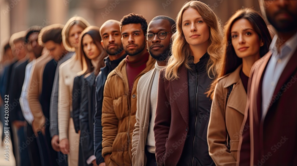 New Office Norms: Diverse Group of Young Business Professionals Standing in Line in Casual Attire New Office Norms: Diverse Group of Young Business Professionals Standing in Line in Casual Attire