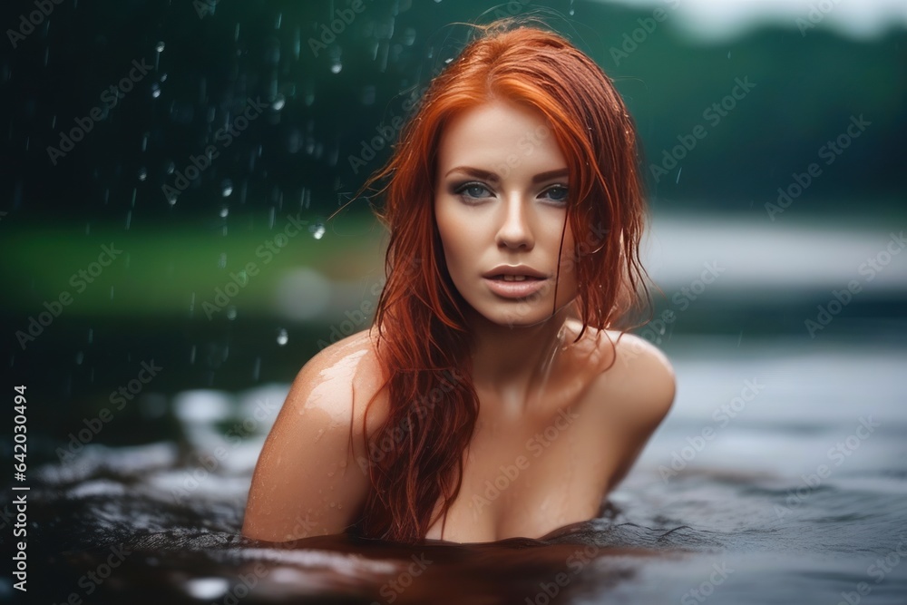 Fototapeta premium Portrait of beautiful sexy redhead green eyes wet woman like a mermaid in the water on the rain. Generative AI