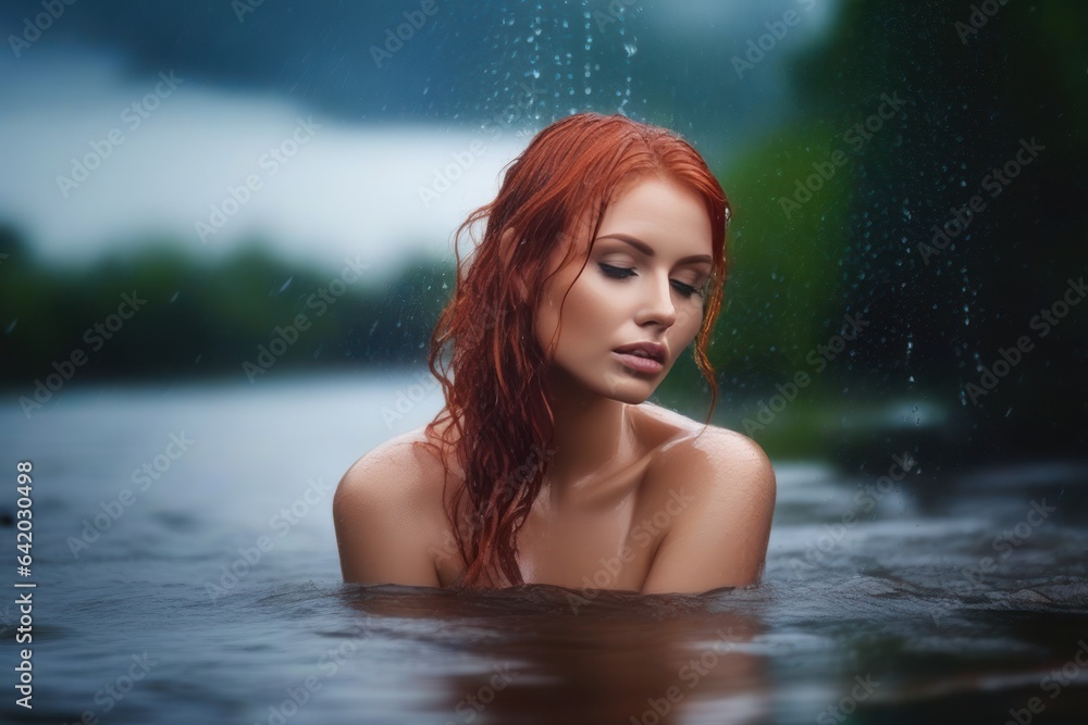 Fototapeta premium Portrait of beautiful sexy redhead green eyes wet woman like a mermaid in the water on the rain. Generative AI
