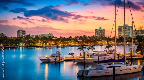 Luxury Skyline of Ft Lauderdale, Florida at Sunrise and Sunset - Aerial Panorama View of Downtown, Resort, Dock, and Sailboats © AIGen