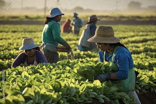Mexican and Hispanic Farm Workers Harvesting Agricultural Crops on a Plantation photo