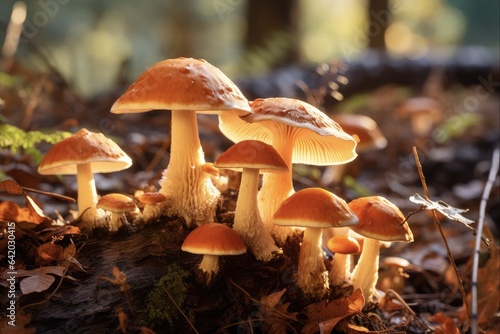 Naturally Grown Mushrooms in Forest - Closeup View of Fungal Toadstool in Autumn Nature. Macro Shot of Edible Food