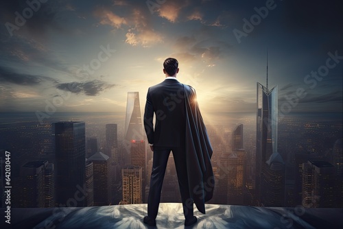 Unleashing the Power of a Superhero Businessman: A Visionary Leader overlooking the Skyscraper for a Trailblazing Achievement in Business photo