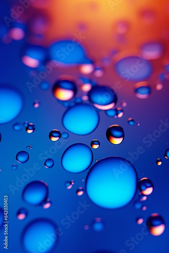 Abstract Blue Water Drop Close-up with Multicolored Bubbles.