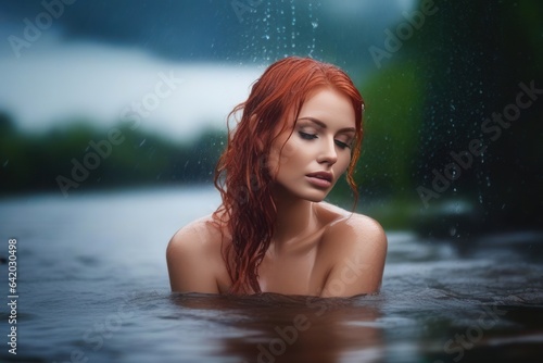 Portrait of beautiful sexy redhead green eyes wet woman like a mermaid in the water on the rain. Generative AI