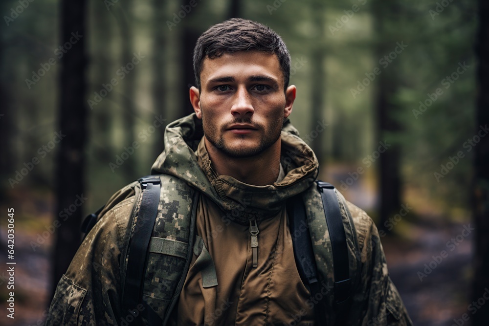young adult army man in camouflage clothing hiking
