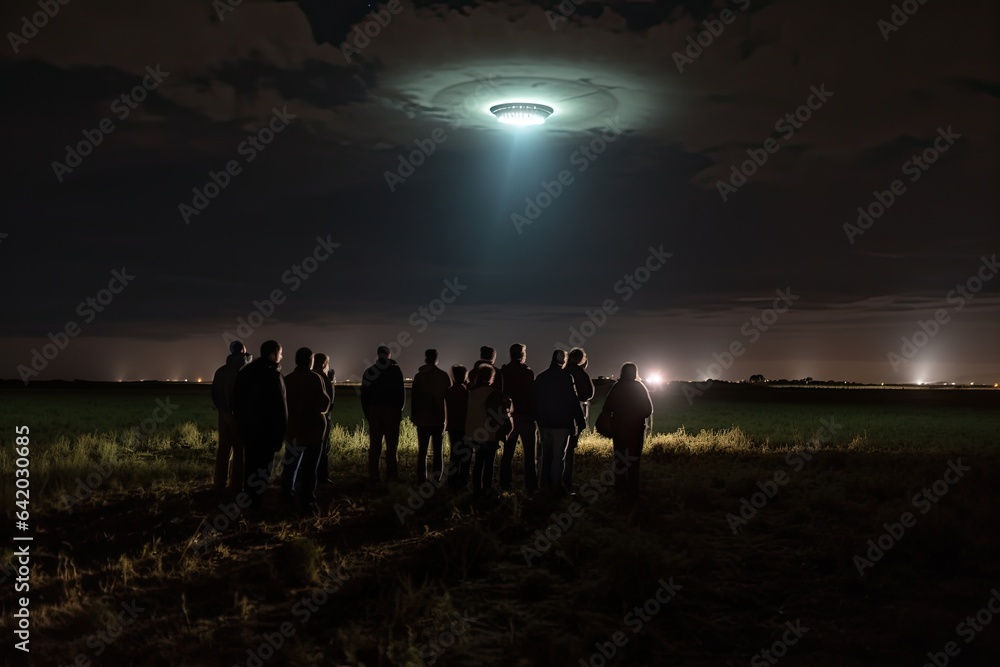 World UFO day. A group of people gathered in an open field, gazing at the night sky while witnessing a UFO sighting. Communal experience and excitement of encountering a UFO. Generative AI.