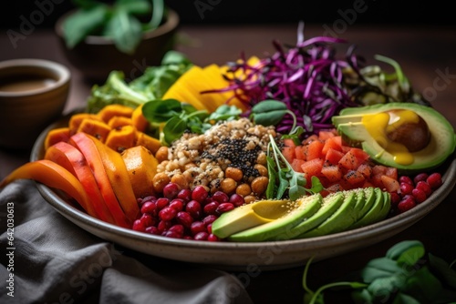 A vibrant and colorful plate of plant-based food, showcasing the variety and deliciousness of vegan cuisine. The importance of healthy and sustainable food choices. Generative AI.