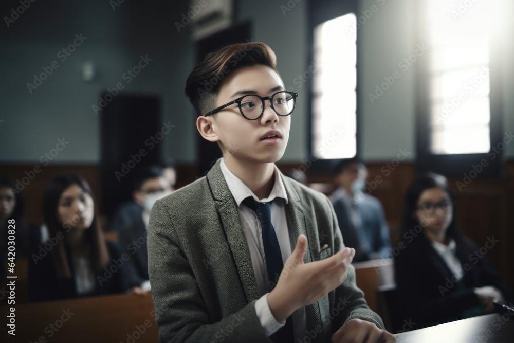 A young student passionately giving a presentation in front of a classroom filled with attentive classmates in a well-equipped classroom setting. Generative AI. - obrazy, fototapety, plakaty 