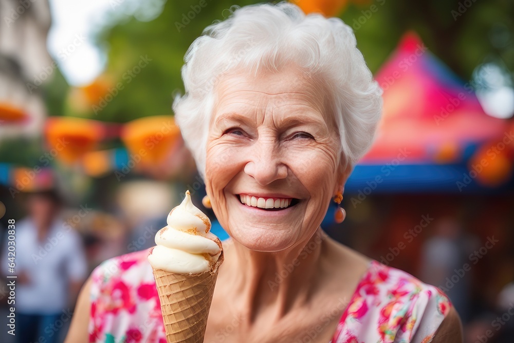 senior woman eating ice cream cone at street market senior woman eating ice cream cone at street market
