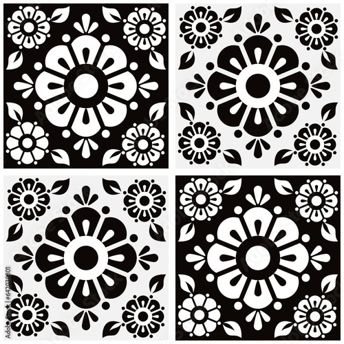 Mexican talavera cute floral tile vector seamless pattern with black and white flowers and leaves backround  retro home decoration 