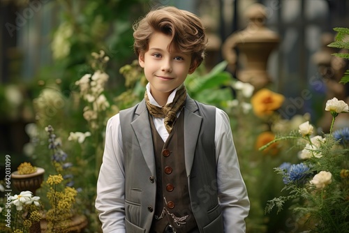 close up portrait of cute young gentleman boy wearing Regency outfit  standing in flower garden, Generative Ai photo