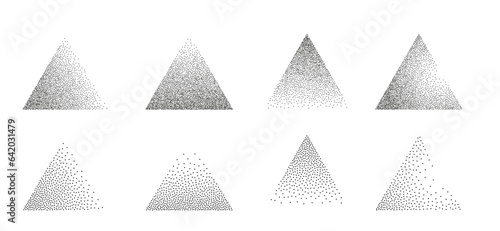 Triangles noise texture dotwork grain. Pointillism gradient pattern. Triangle stochastic grange texture. Dotwork stipple halftone effect for tattoo. Dotted shape, stipple element. Vector background