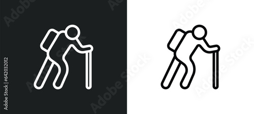 hiking icon isolated in white and black colors. hiking outline vector icon from free time collection for web, mobile apps and ui.